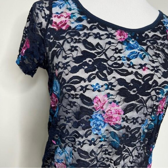 Garage Womens Size Medium Y2K Blue Floral Sheer Lace Baby Tee Back Buttons Shirt - Picture 3 of 11